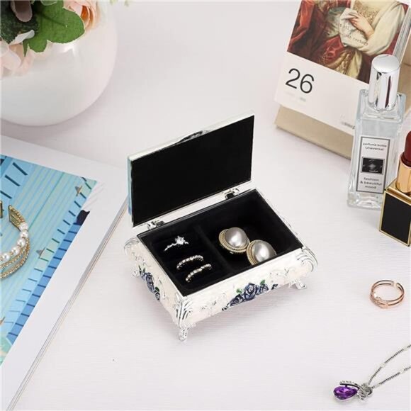 Vintage Metal Jewelry Box Small Treasure Chest Case Trinket Organizer Earrings - Picture 3 of 8